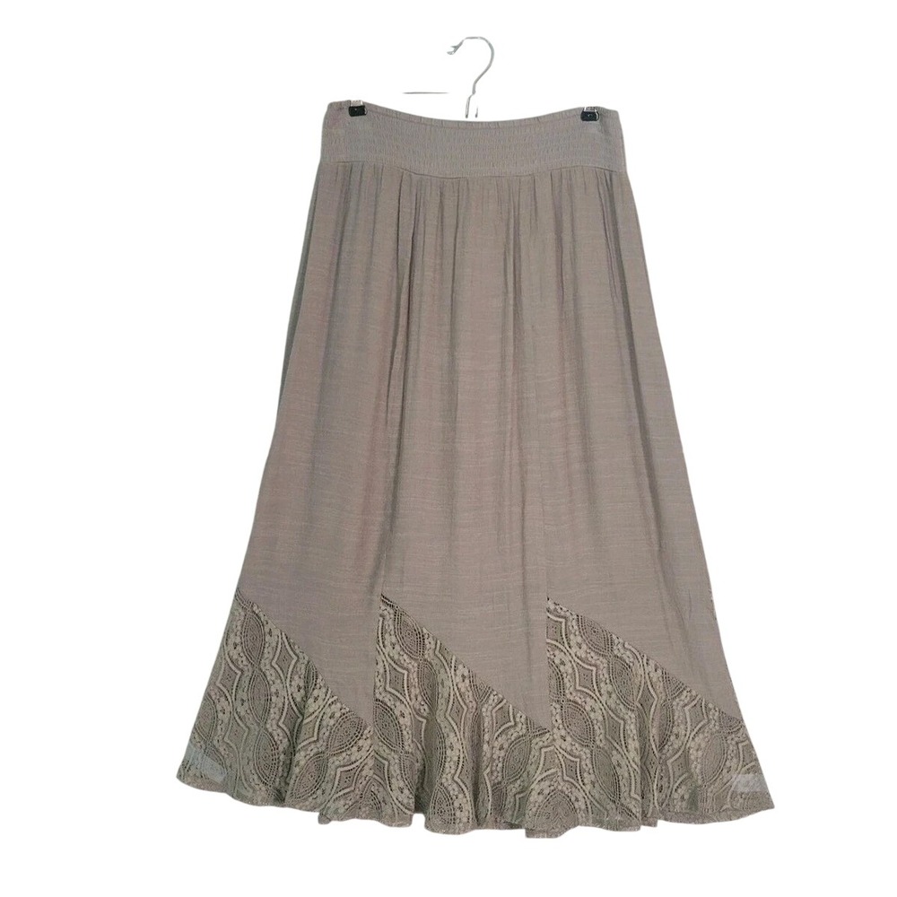NEW Apt. 9 Womens XL Taupe Smocked Waist Lace Trim Handkerchief Hem Midi Skirt